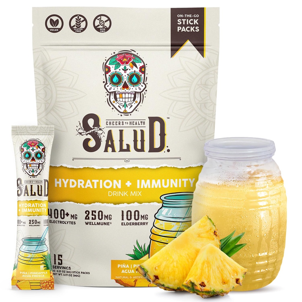 Salud 2-in-1 Idratazione Packets + Immunity Electrolytes Powder, Ananas - Agua Fresca Drink Mix, Elderberry, Dairy & Soy Free, Non-GMO, Gluten Free, Vegan, Calorie bassa, 1g Zucchero (15 Serve)