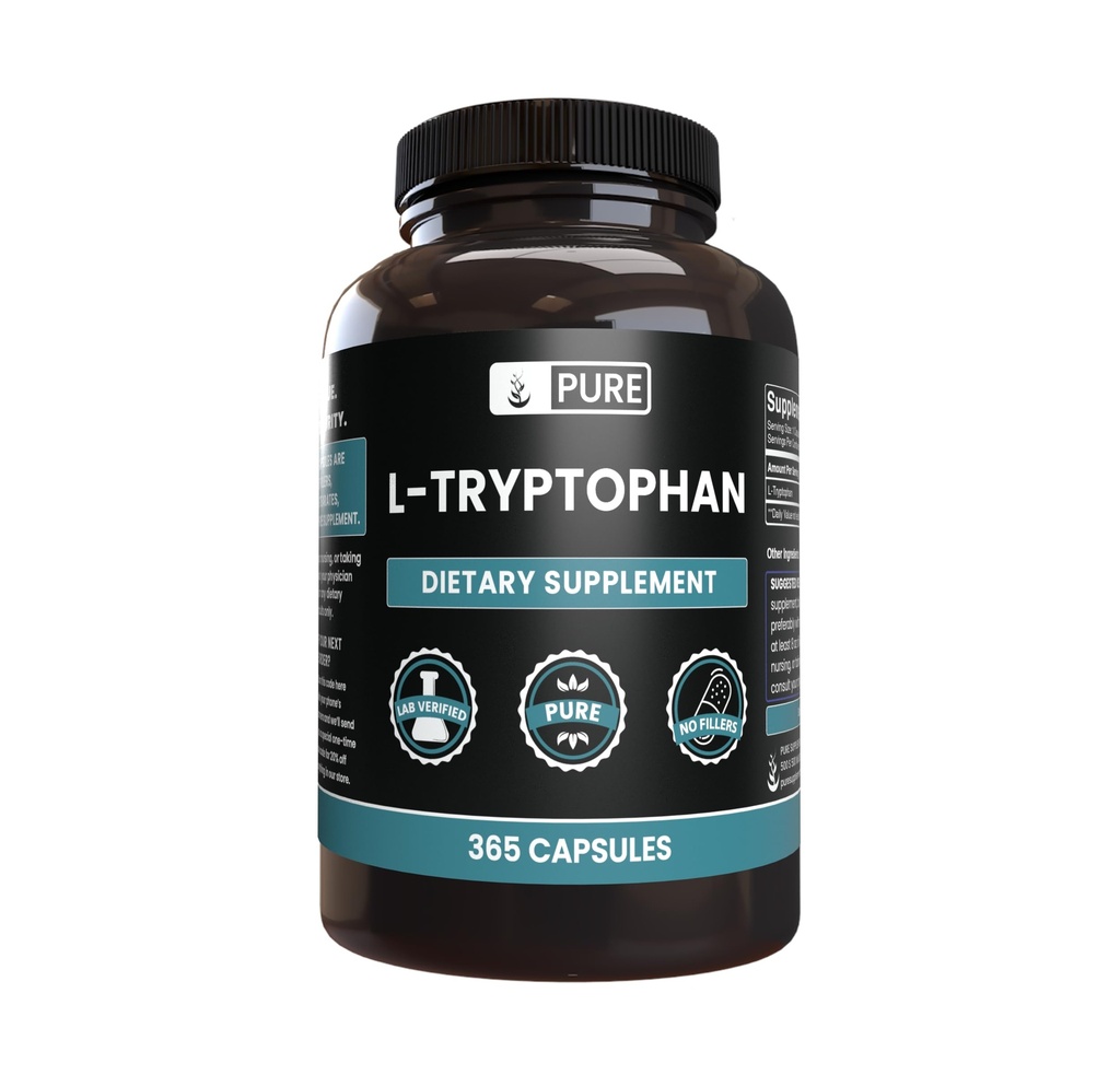 Ingredienti originali puri L-Tryptophan (365 capsule) No Filler di Magnesio o Riso, Sempre Pure, Verified Lab