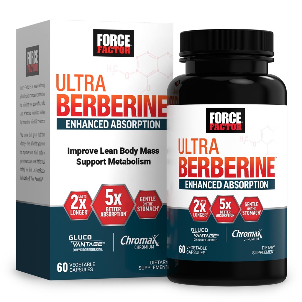FORCE FACTOR Ultra Berberina Assorbimento potenziato, con Ceylon Cinnamon, Dihydroberberine & Chromium, Assorbimento 5X, 2X più lunga durata, Promuovi la massa corporea magra, 60 capsule vegetali