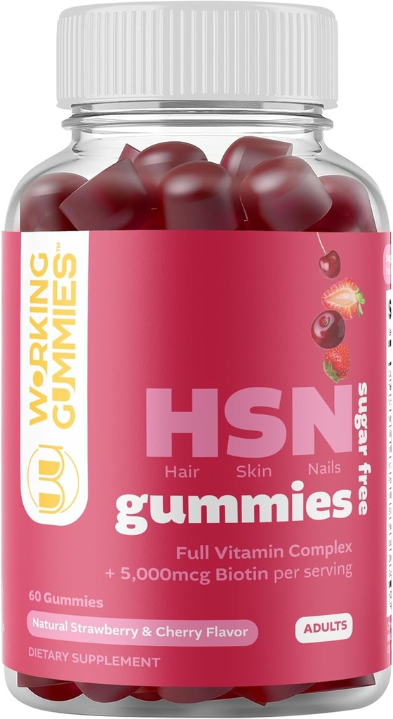HSN Gummies - Gummies per capelli e unghie - Zucchero Biotina Gratuita Gummies 5000mcg con Full Vitamin Complex per la crescita dei capelli, Pelle sana, Ricostruzione Unghie - 60 Ct Fragola & Cherry Flavor