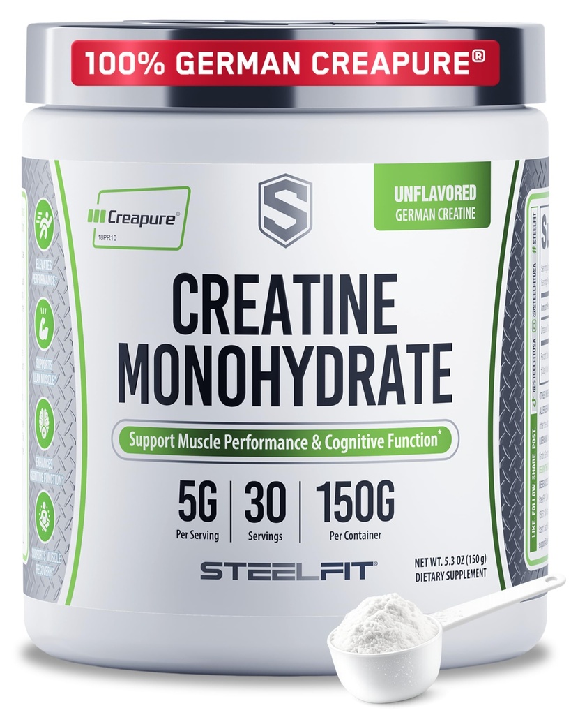 SteelFit Creapure Creatine Monohydrate Powder, Unflavored, 30 Servings