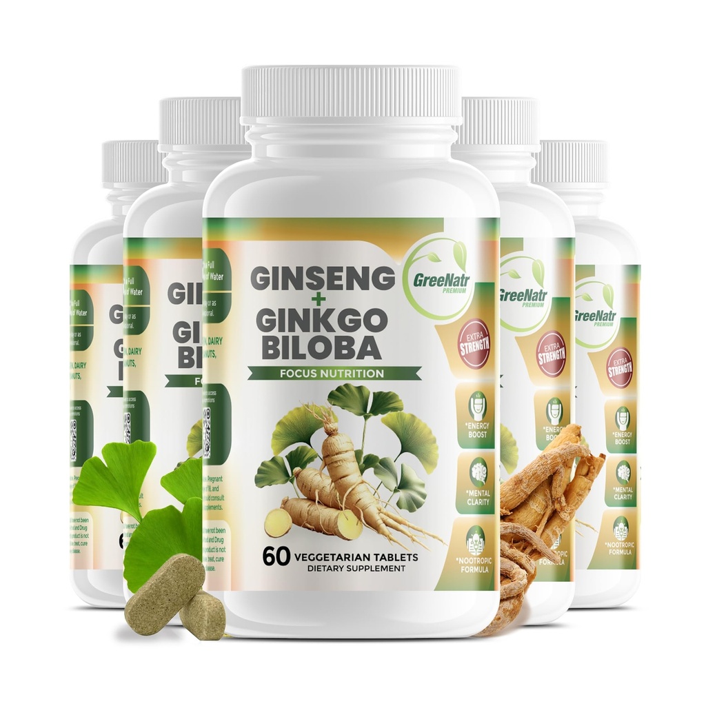 GreeNatr Ginko Biloba & Panax Ginseng Supplemento - Ginseng rosso per memoria e messa a fuoco - Ginkgo Biloba per una buona visione, sistema immunitario e flusso sanguigno migliorato (360 compresse: 6 bottiglie)