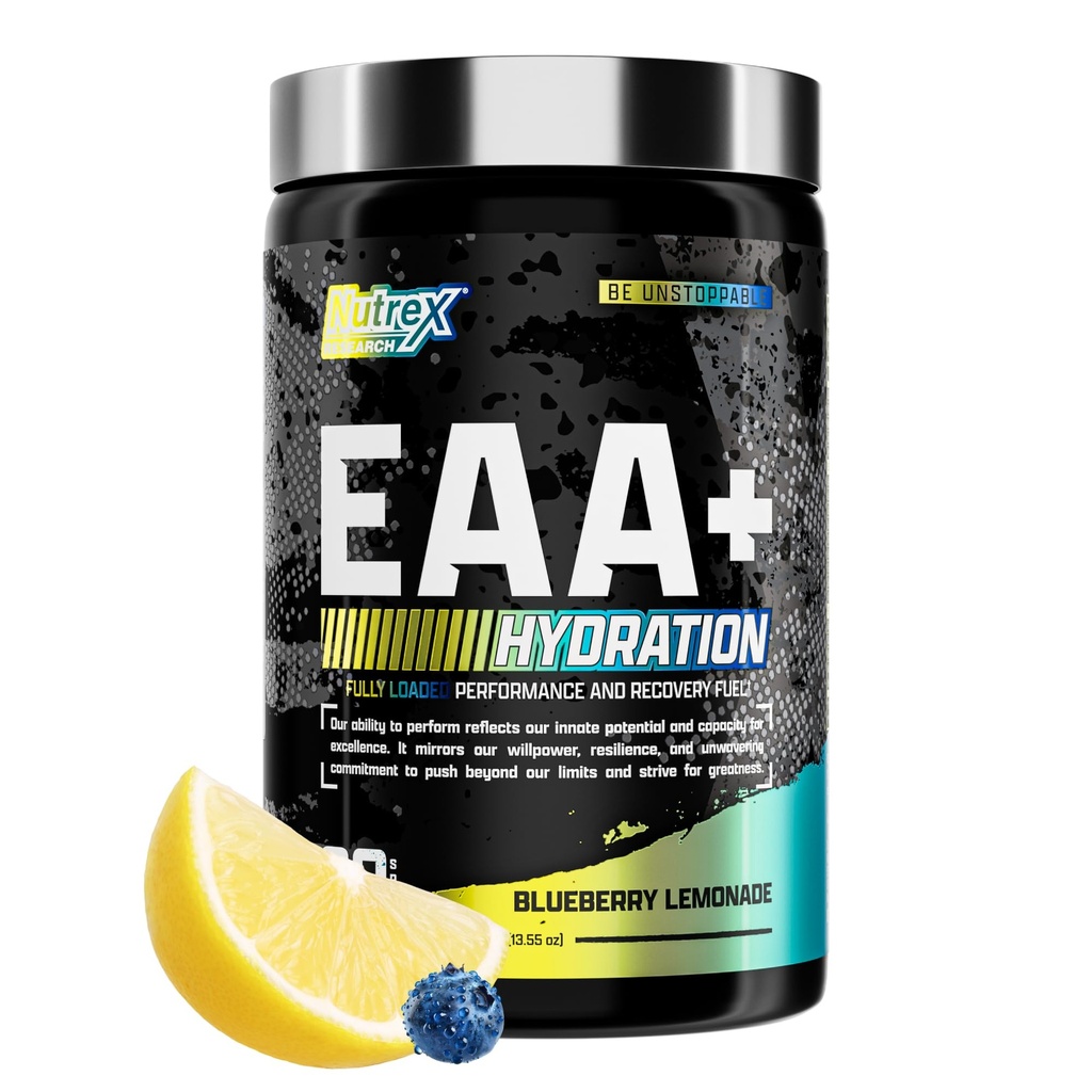 Nutrex Research EAA Hydration | EAAs + BCAA Powder | Recupero del muscolo, Forza, costruzione del muscolo, Endurance | 8G Aminoacidi essenziali + Elettroliti | Blueberry Lemonade 30 Serve