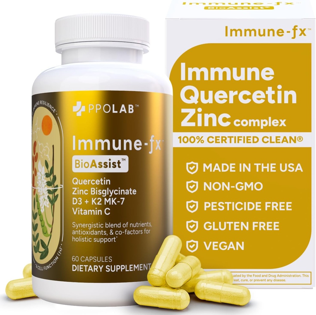 Immune-fxTM Advanced Chelated Zinc Ionophore Supporto Immune & Allergy Health Supplement, Quercetin 500mg, Antiossidante Vitamina C, D3, K2 MK7, Promuove DNA, Cuore, polmone, Sinus Health, 60 capsule vegane