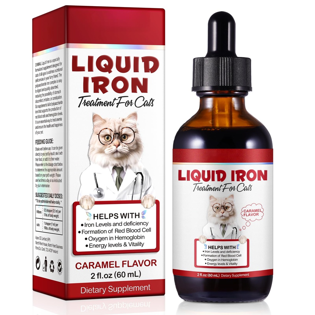 Ferro liquido per gatti, gocce di ferro liquido per gatti Supporta l'anemia, bassi livelli di enery e gatti letargici- Migliora i livelli di energia e vitalità, Supplies per animali Supplemento di vitamina Cat, Caramel Flavor - 2 fl.oz