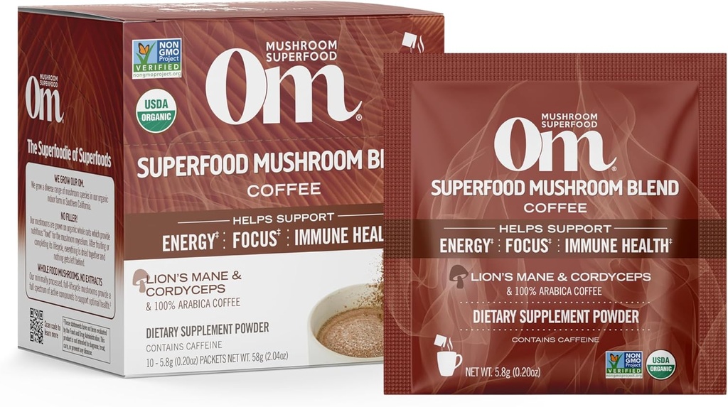 OM MUSHROOM SUPERFOOD Coffee Blend – Organic Arabica with Lion’s Mane, Cordyceps, Reishi, Turkey Tail & Ginkgo Biloba – Supporta energia, Focus & Mental Clarity – Single Serve Pack (10 Conte)