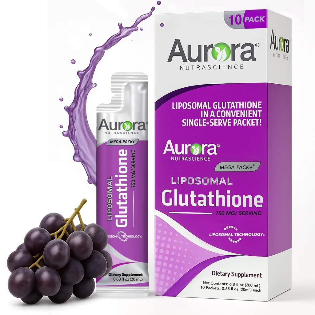 Aurora Nutrascience Mega-Liposomal Liquid Glutathione, Immune & Antiossidante Gut Health Support Supplement, 750 mg per Serve, Non OGM, Senza Zucchero, 10 Single Serve Packets