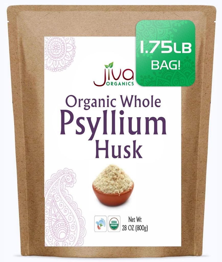 Jiva Organics Whole Psyllium Husk (Isabgol) 1.75 LB (28 Oz) Jumbo Bag - Non-GMO, Non aromaed - Keto Friendly, Fibra solubile