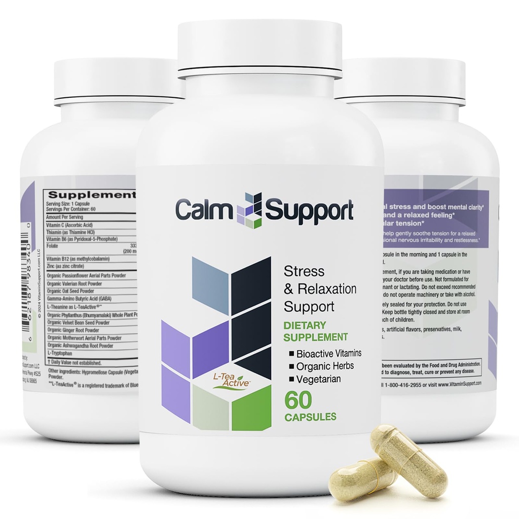 CalmSupporto: Stress & Relax Support - Ashwagandha, Passion Flower, Valerian Root, Ginger, GABA, Velvet Bean, Motherwort, Oat Seed, Phyllanthus, L-theanine, L-Tryptophan, Folate, C,B1,B6,B12,Zinc