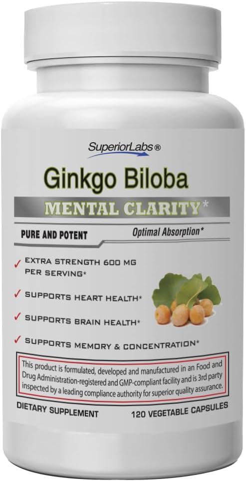 Ginkgo Biloba 1200 mg, Non OGM, Pepe Nero per l'assorbimento aumentato, Ginkgo Extract, Migliora la memoria & Focus, Circulation Booster, Natural Antioxidant Nootropic, 120 tappi di Veg