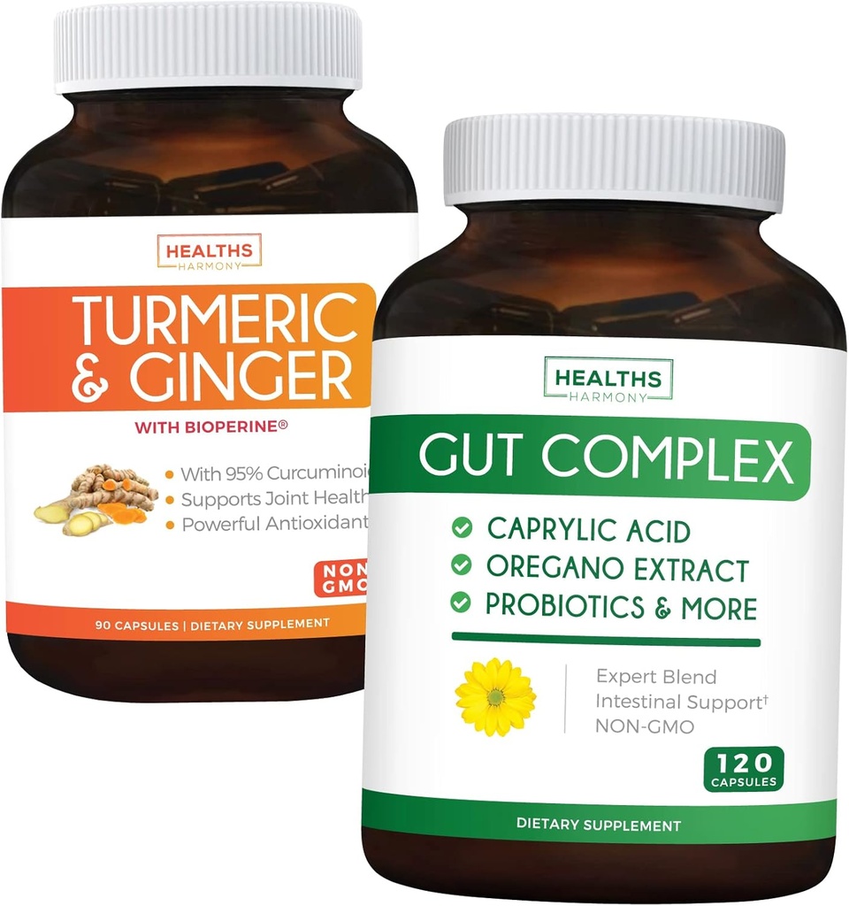 Salva $11 (23% Off) - Gut Balance Bundle - Gut Complex con acido Caprylic per il supporto probiotico e salute del fegato bilanciato (120 capsule) & Turmeric & Ginger con 95% Curcuminoids & Bioperine (90 capsule)