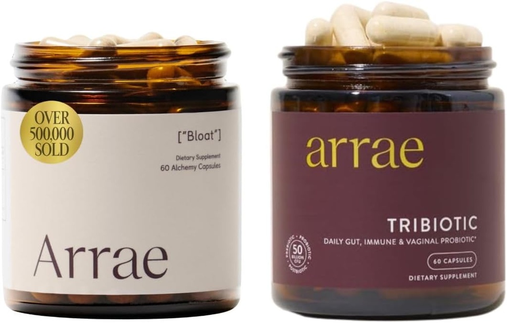 Arrae Bloat + Tribiotic Bundle, Bloating Relief Digestive Enzymes, Gas & Indigestion Relief, Probiotics for Women, Support for Vaginal pH Balance, Immune, and Feminine Health, 60 Capsule