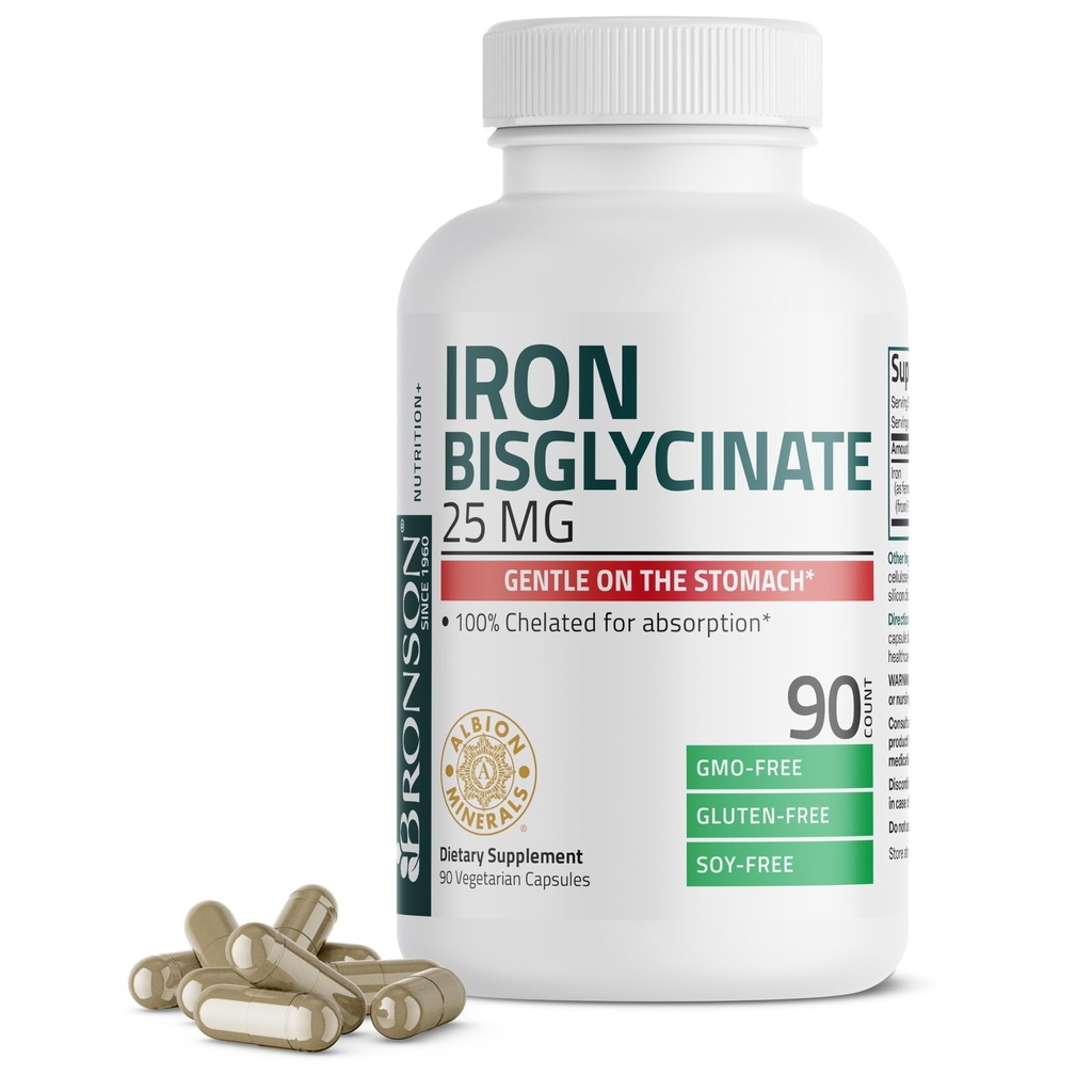 Bronson Iron Bisglycinate 25 mg Gentle on The Stomach, Supports Energy & Healthy Red Blood Cell Production - Formula non costipante - Non OGM, 90 capsule vegetariane
