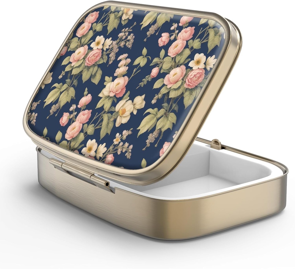 Pill Case Pill Box con Specchio Retro 2 scomparti Piccolo caso Pillola per Purse o Pocket Bronze Box Pillola rettangolare o Vitamine, Olio di Pesce, Supplementi, Pillola Containe Regali di viaggio(Retro Rose Floral)