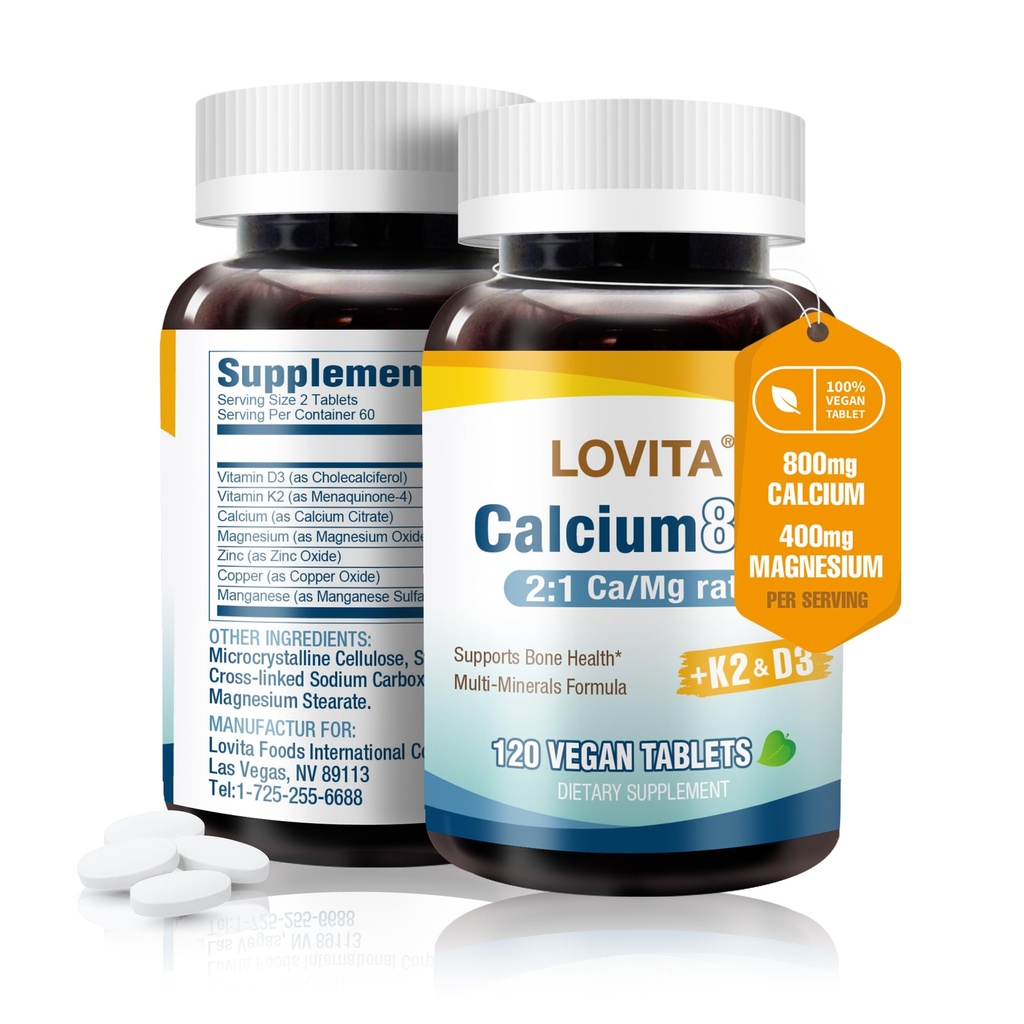LOVITA Citrato di calcio 800 mg con Magnesio, Vitamina D3 & K2, Bone Forza & Densità Supplemento per le donne & uomini, Supporta denti, Salute Immune, Senza Glutine, Non OGM, 120 compresse vegane