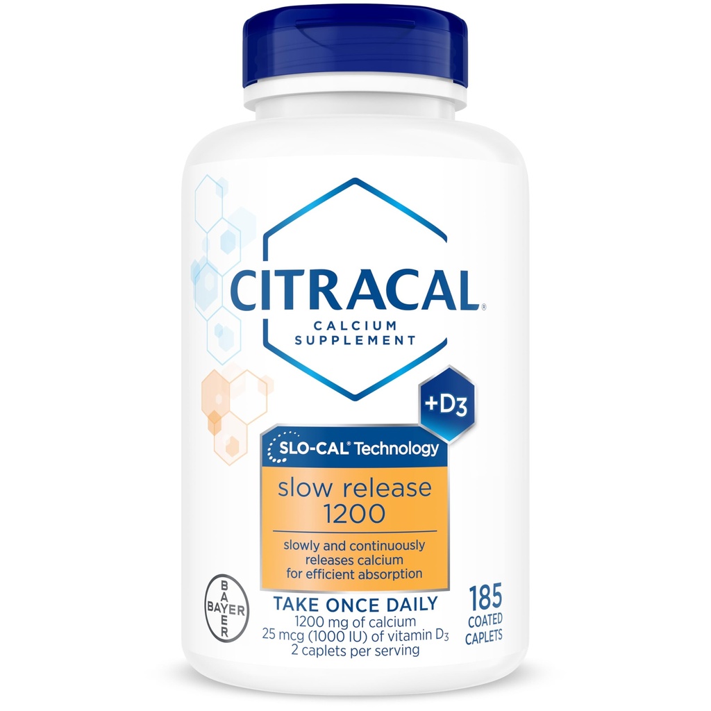 Citracal Slow Release- Calcium 1200 mg con vitamina D3, Magnesio, Supplemento al calcio, Bone Health Support, Prendere una volta Daily Caplet, 185 Count