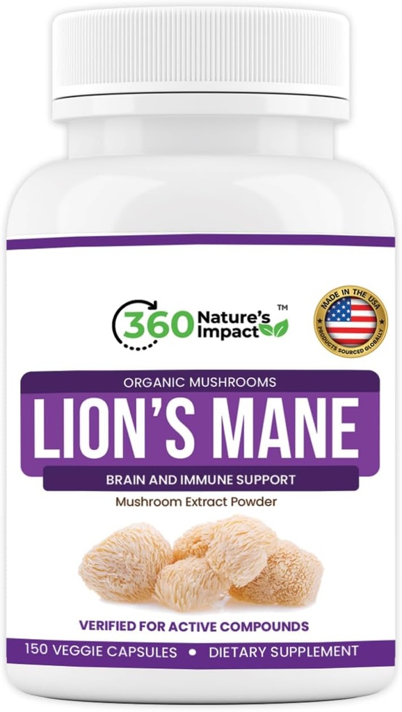 360 Leoni di impatto della natura Mane Mushroom Supplemento capsule (150 capsule) per il Brain Health Support Supplement, Integratore organico con Beta-Glucans & Hypromellose per il sistema cognitivo