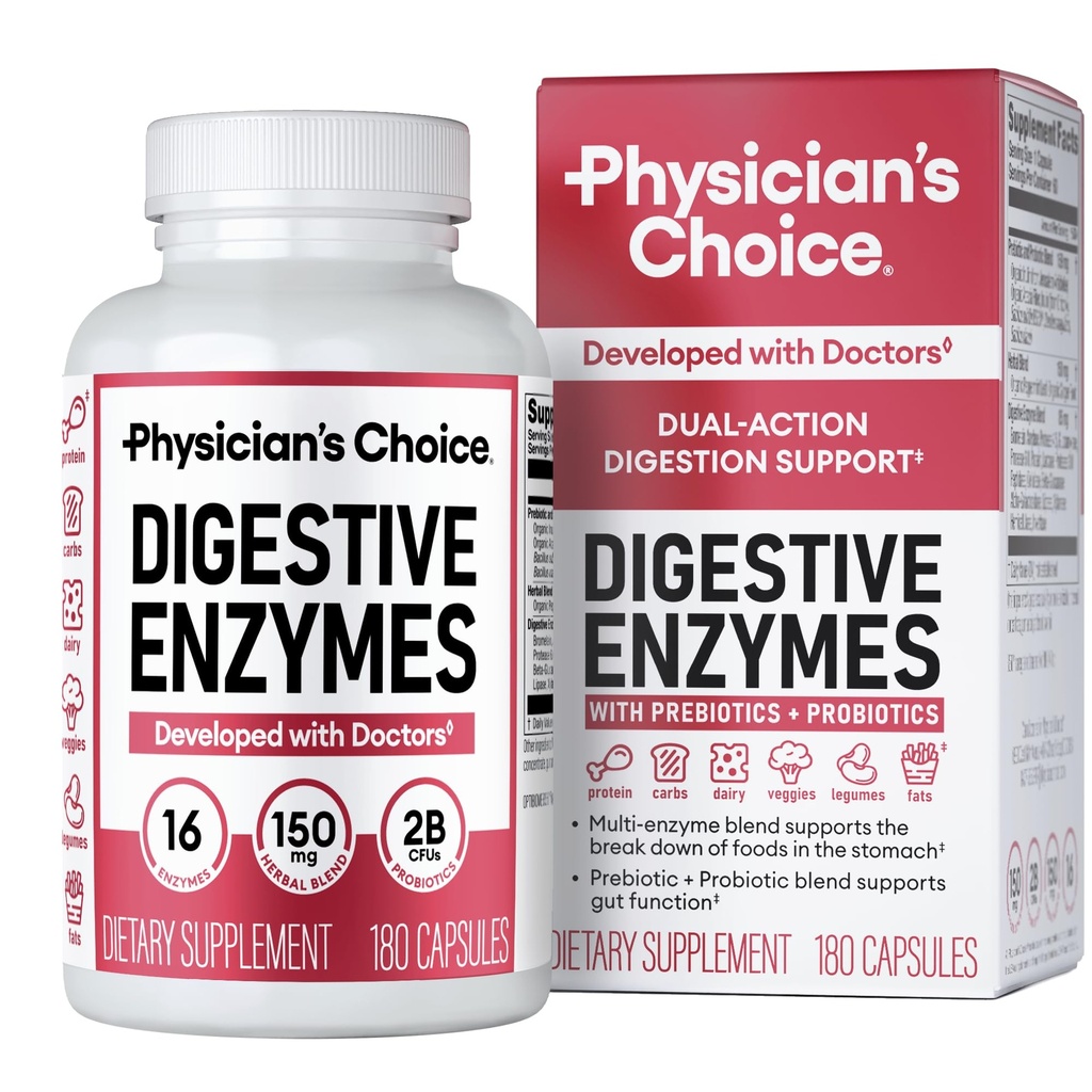 Enzimi Digestivi CHOICE del medico - Multi Enzimi, Prebiotici Organici & Probiotici per Salute Digestiva & Salute Gut - Tempo Meal Discomfort Rilievo & Bloating - Approccio Dual Action - 180 CT
