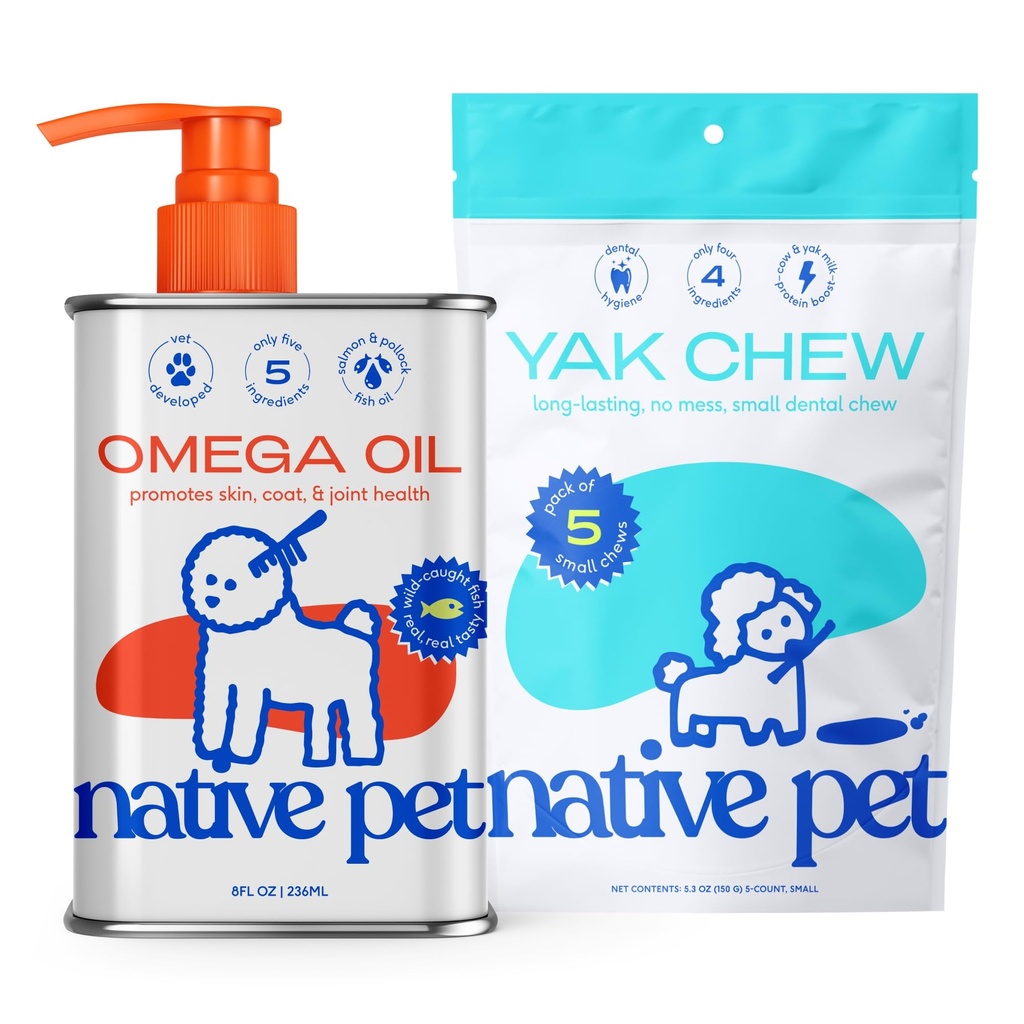 Olio animale domestico nativo per cani - Integratori di olio di pesce 8 Oz & 5 Piccolo Yak Chews per cani | Pasture-Raised e Organic Yak Cheese Himalayan Churpi Sticks
