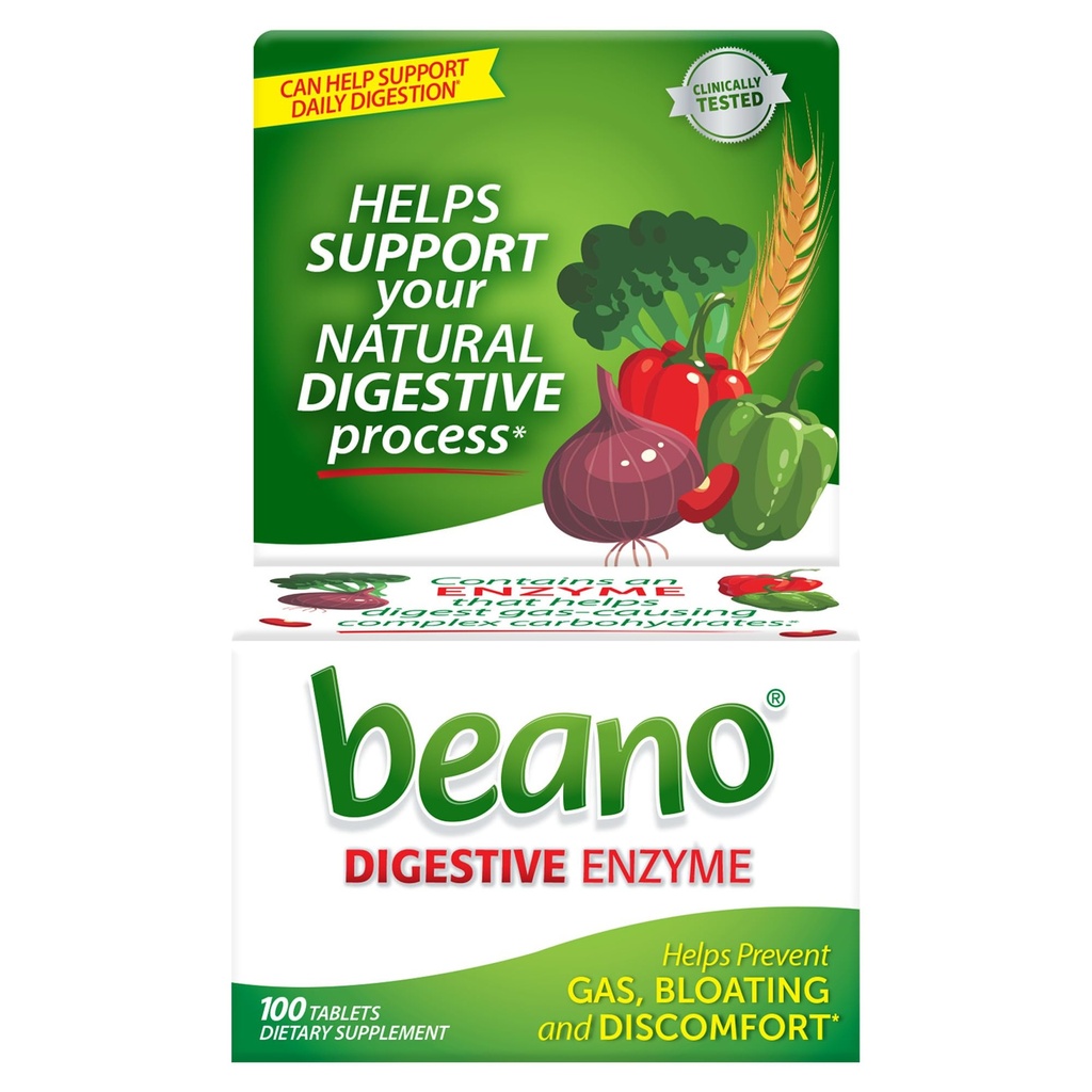Beano Digestive Enzyme, Preventiva Gas Relief per Adulti, Aiuta a prevenire Gas & Bloating, 100 compresse
