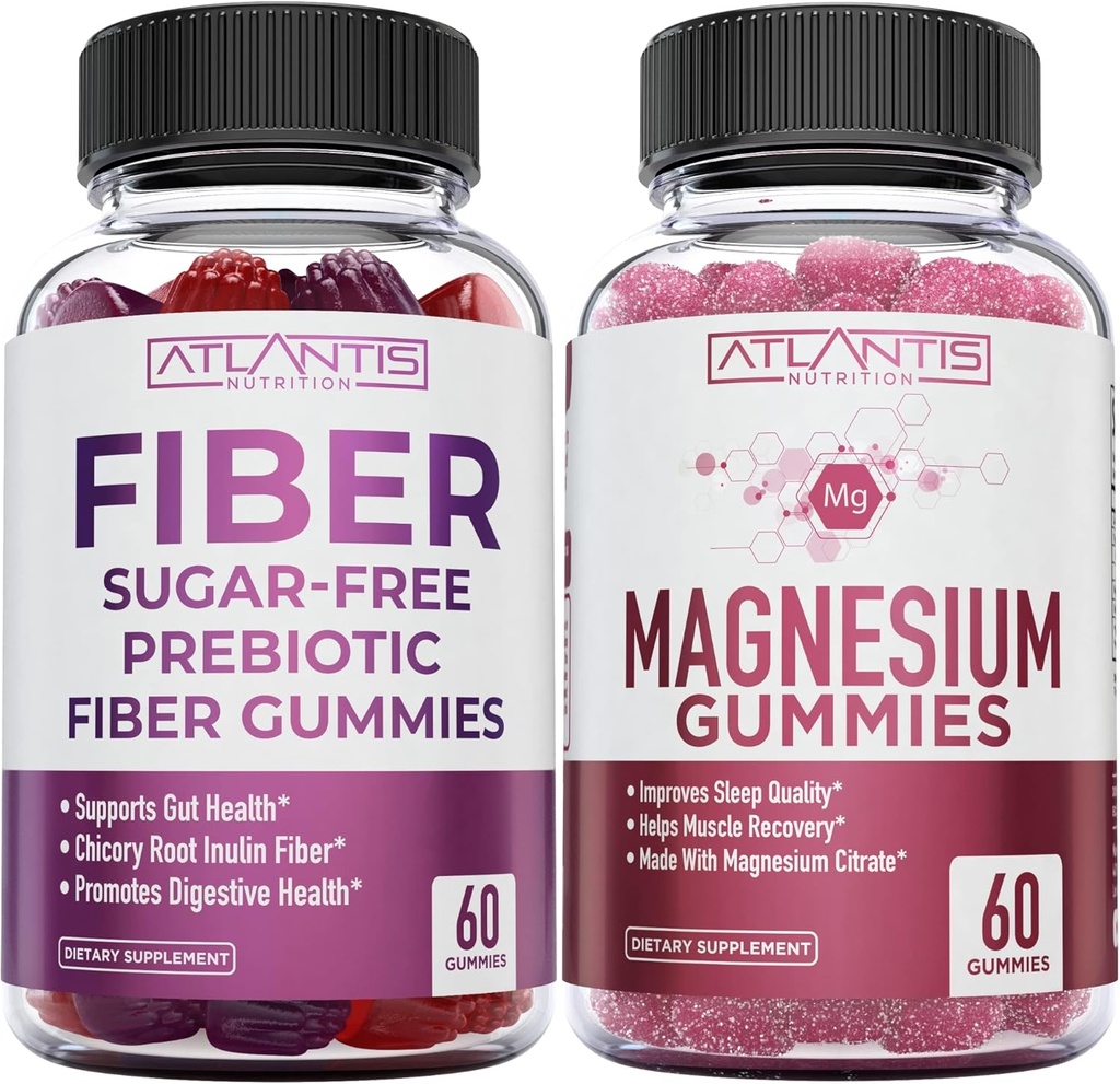 Atlantis Nutrition Zucchero Prebiotico Gratuito Gummies per Adulti 2-Pack (120 Gummies) + Magnesio Gummies - 770 MG Magnesio Citrato 60 Gummies