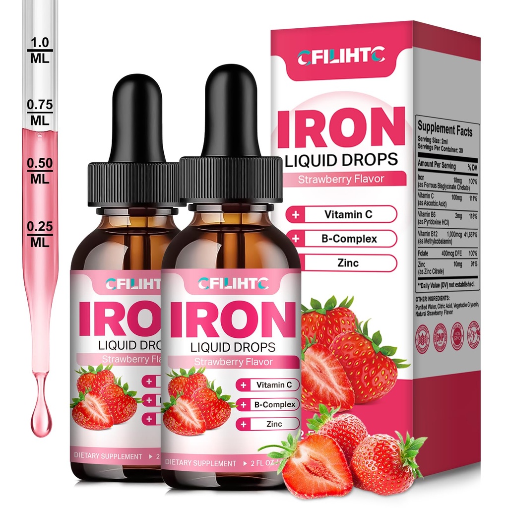 Supplemento di ferro liquido per le donne uomini e bambini gocce di ferro multivitaminico con Folate, vitamina C, B6, B12, zinco per l'anemia, carenza di ferro, Costruttore di sangue, energia - aroma di fragola naturale, Vegan 4 Fl Oz