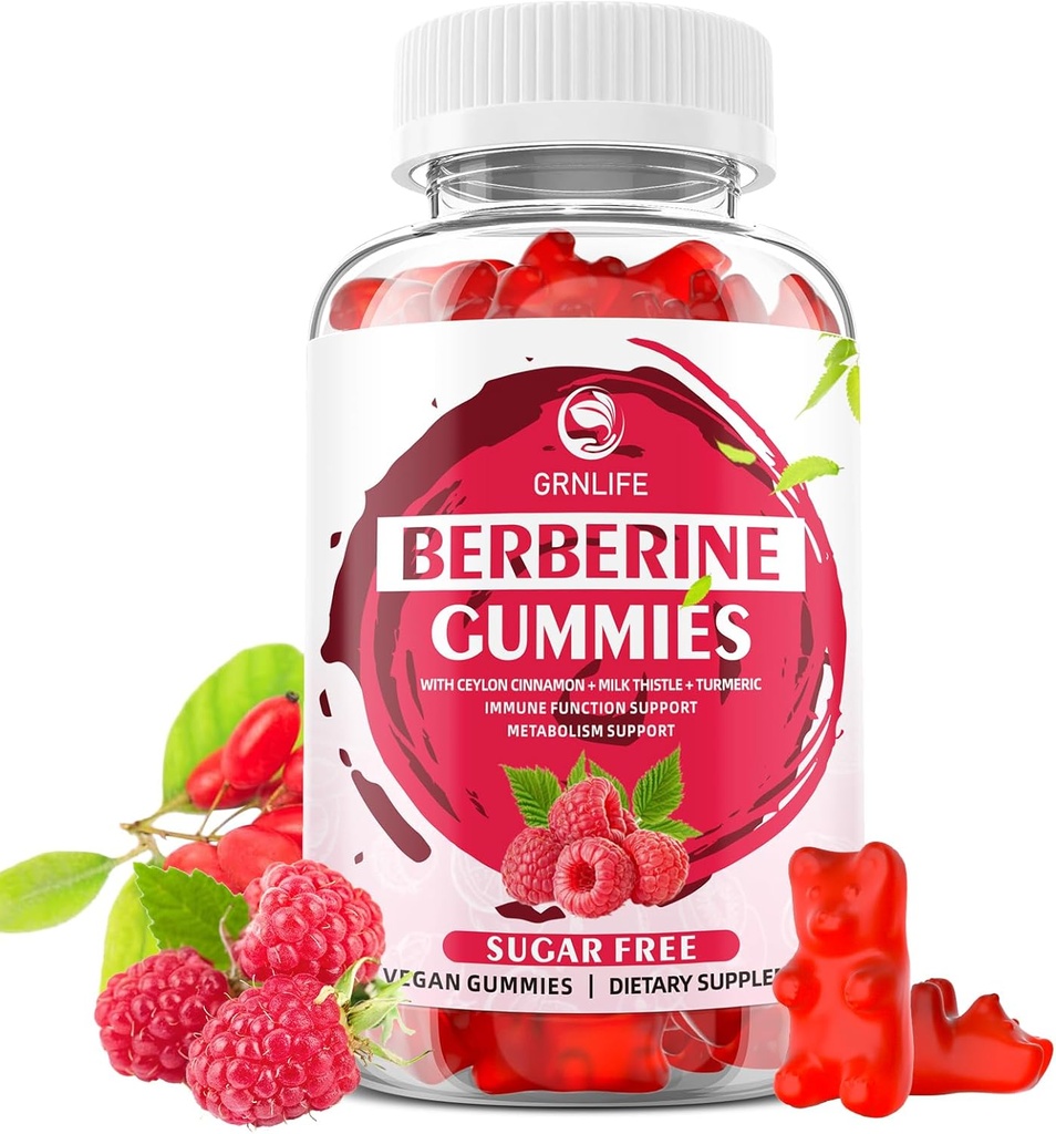 Gummie di Berberina con Ceylon Cinnamon 1500mg High Potency Berberine HCL Supplemento per Immune e Metabolism Support, Sugar Free, Raspberry Flavor - 60 Conte
