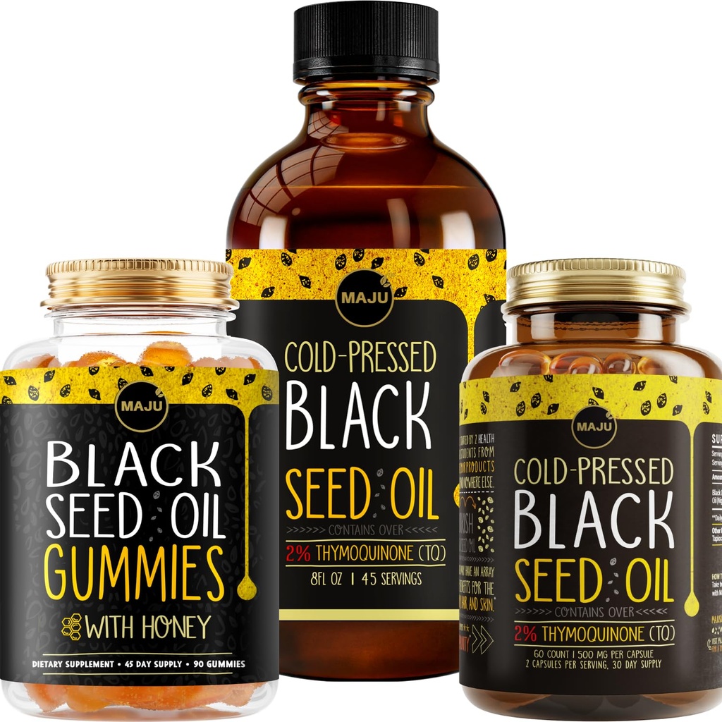 Maju Superfoods Black Seed olio 3-in-1 Bundle, Gummies, Capsules, & Liquid