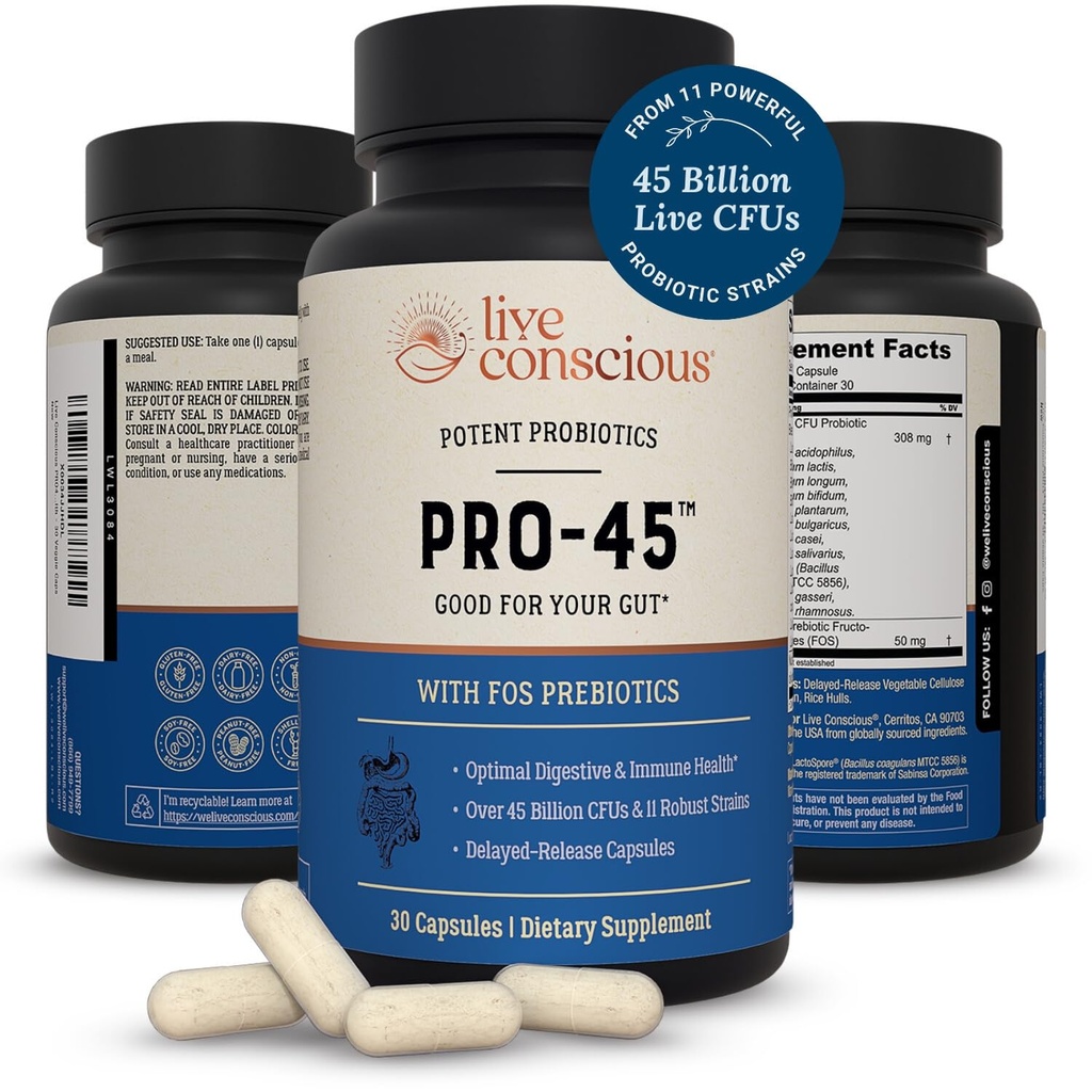 Probiotici per donne e uomini: Formula completa, 45 miliardi di CFU, 11 Strains, Dairy Free - w/Prebiotics and Probiotics - Promuove Immune & Gut Health - 30 Caps vegetariani
