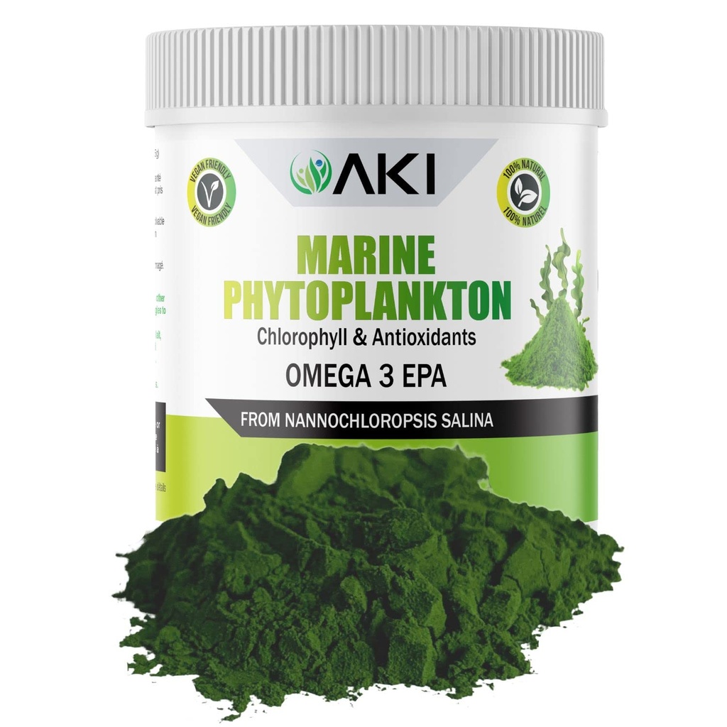 AKI Marine Phytoplankton Powder - Fonte di Raw Omega-3 EPA Micro Algae Nannochloropsis - Proteine basate sulle piante, Vitamine per il benessere generale - Complete Protein Source, Vegan & GMO Free (2oz/57g)