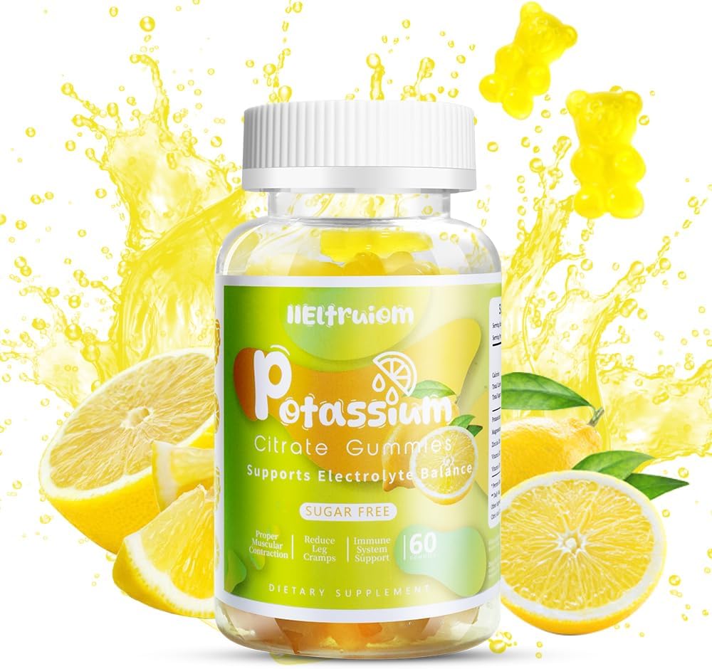 Gummie Citrato di potassio, Gummie di Magnesio di potassio, Supplemento di potassio 600mg per Crampe di gambe e muscolo, Gummie di glicinato di magnesio, senza zucchero