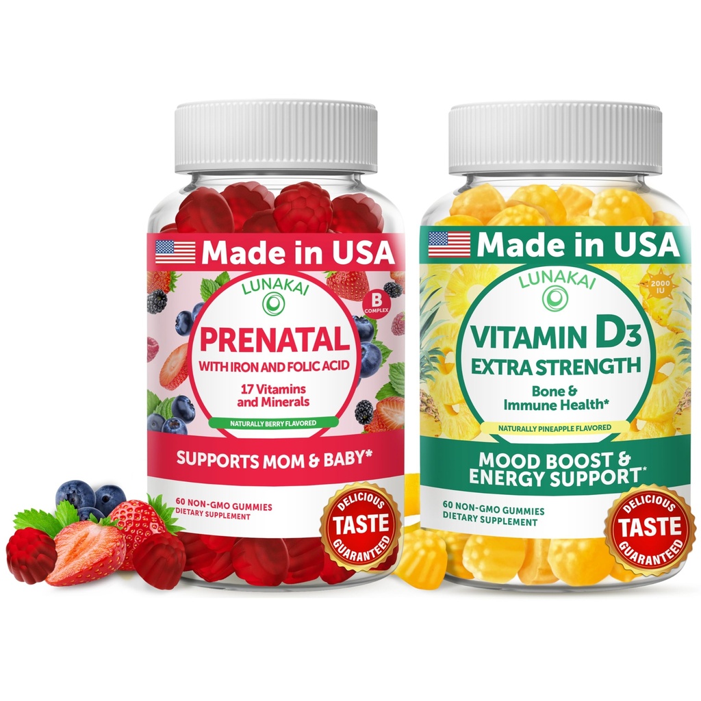 Lunakai Prenatal e Vitamina D3 Gummies Bundle - Gravidanza Multivitamina Gomma con Ferro e Acido Folico - Immunità, Bone e Mood Support Supplemento per Adulti - 30 giorni di alimentazione