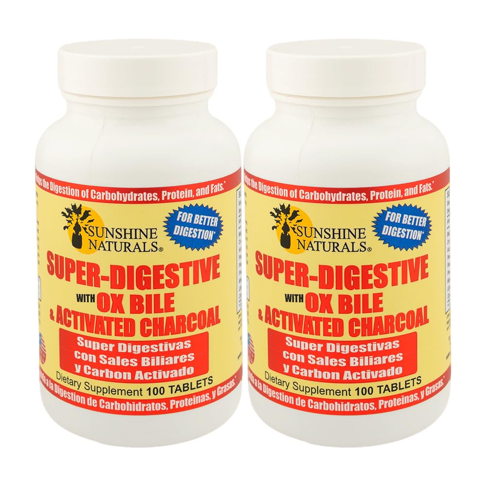 Sunshine Naturals Super Digestive Supplement. Ox Bile & Charcoal attivato per il supporto digestivo, Bloating Relief, Gut Cleanse, Nutrient Absorption e Total Wellness. 100 compresse. Confezione da 2