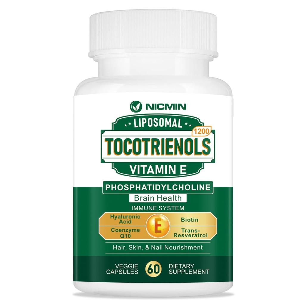 1200MG Vitamina E Tocotrienols Liposomal Tocotrienols Supplemento con Phosphatidylcholine, 95% Delta-tocotrienols e 5% Gamma-tocotrienols, Alto assorbimento per il cuore, Funzione cerebrale 60 capsule