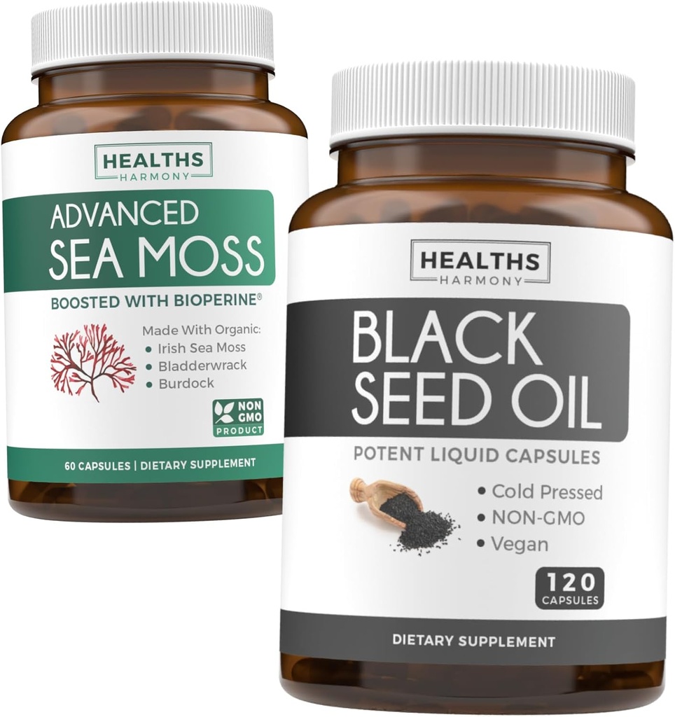 Black Seed & Sea Moss (1-Month Supply) Nutrizione Natura Bundle di Black Seed Oil 120 Softgel Capsule (Non-GMO & Vegan) Cold-Pressed Nigella Sativa & Irish Sea Moss Capsule (Non-GMO & Organic)