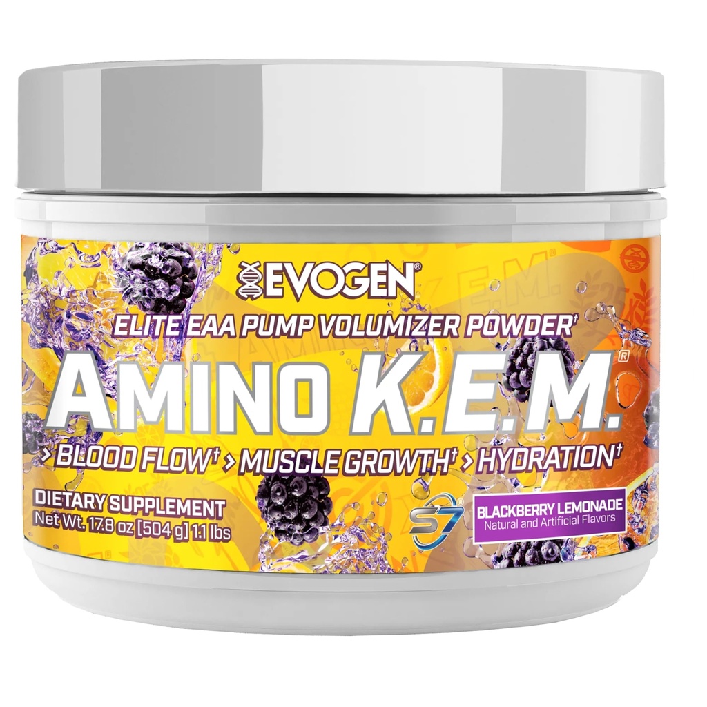 Evogen Amino K.E.M. - Volumizer della pompa della polvere di EAA & BCAA | Supplemento di aminoacidi BCAA per il flusso sanguigno, la crescita del muscolo, & Hydration | BlackBerry Lemonade | 30 Serve
