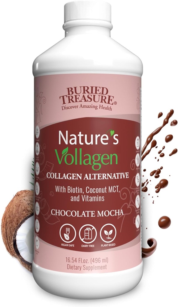 Buried Treasure Nature's Vollagen – 2000mg Vollagen Complex, pelle, capelli e salute comune, 100% pianta-based, senza glutine, senza soia, senza latticini, cioccolato Mocha Flavor, 16oz liquido