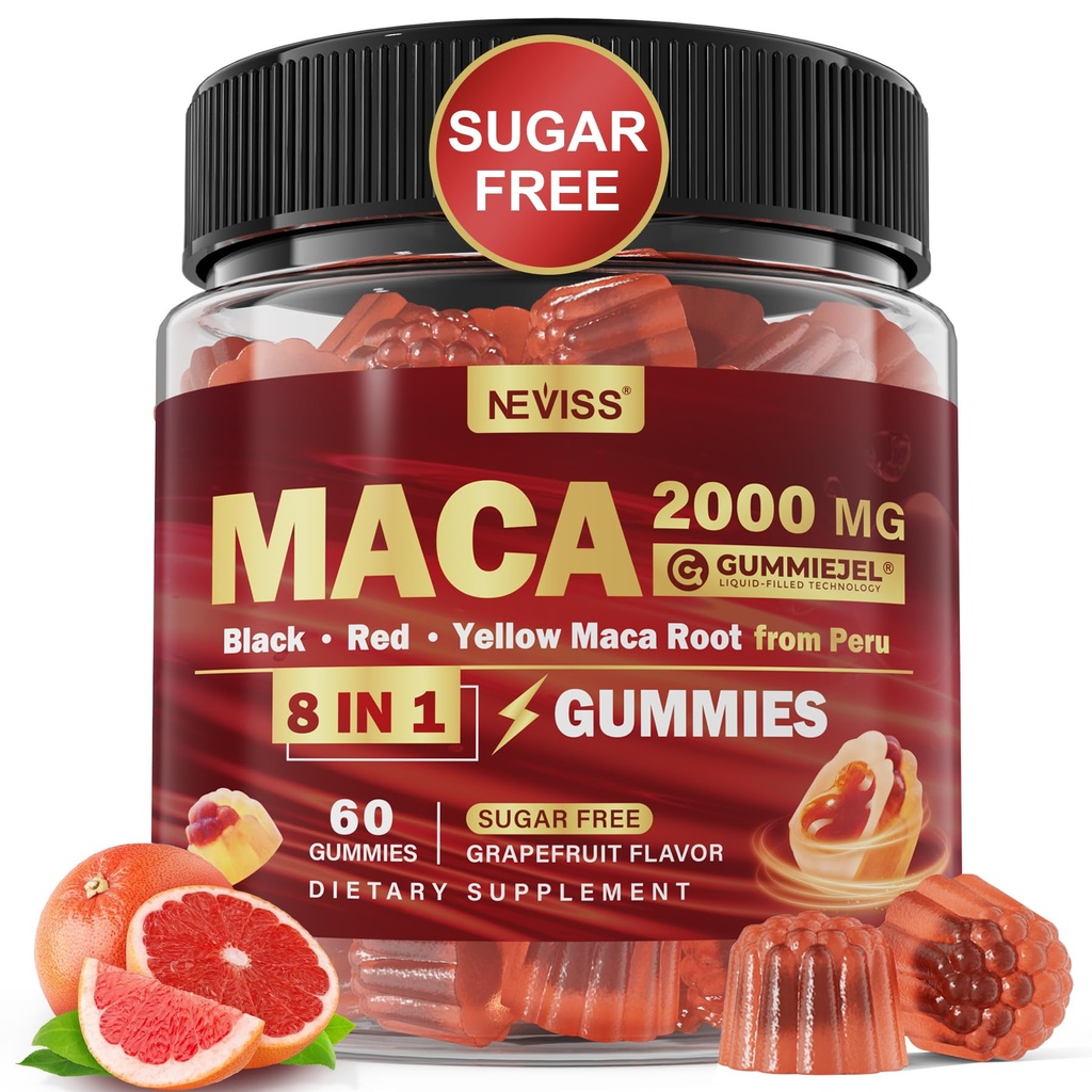 Maca Root Filled Gummies 2000mg per Donne Uomini | Sugar Free | Organic Black, Rosso, Giallo Maca Root Supplemento Gummy Chews con Ashwagandha Ginseng & Zinc | Vegan, Non OGM, Pompelmo Flavor, 60 Conte