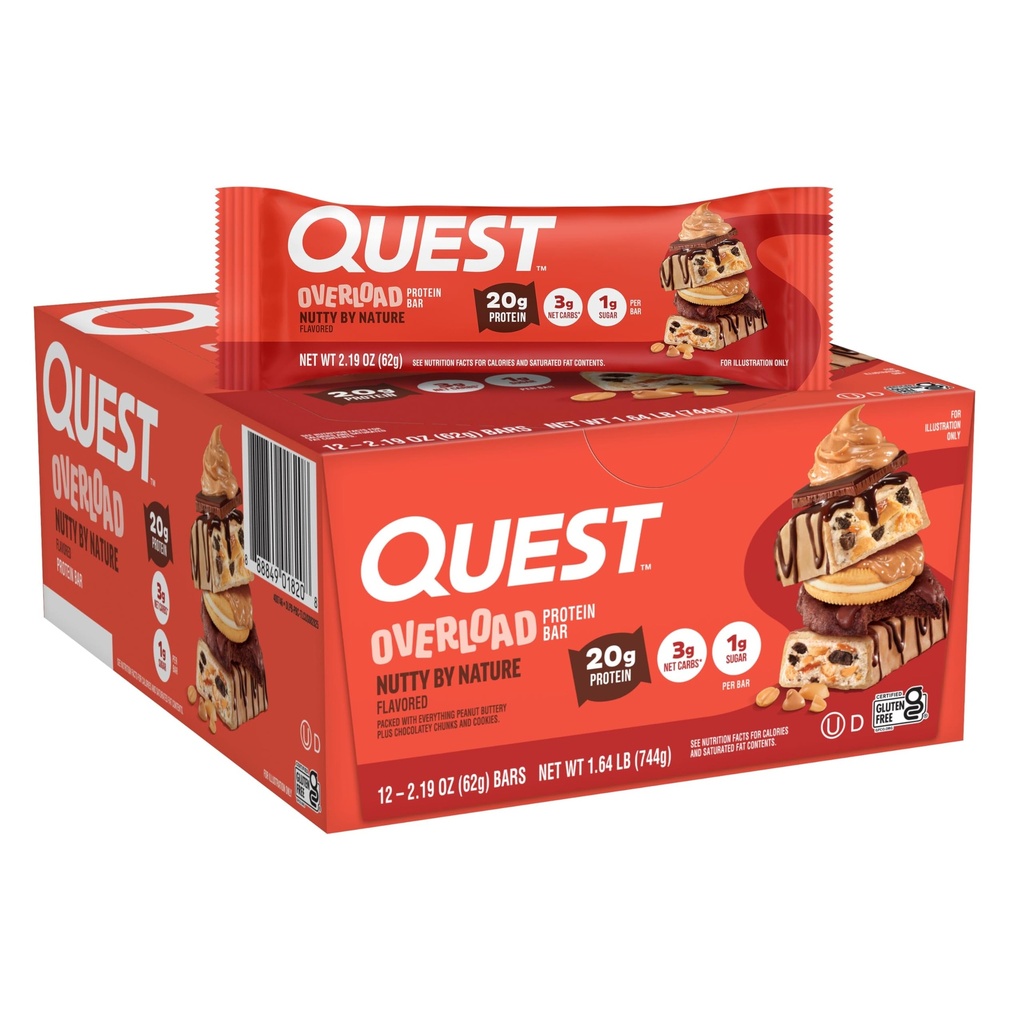 Quest Nutrition Overload Protein Bars, Nutty by Nature Flavored Protein Bars, 20g Protein, 1g Sugar, 3g Net Carbs, Gluten Free, 12 Count