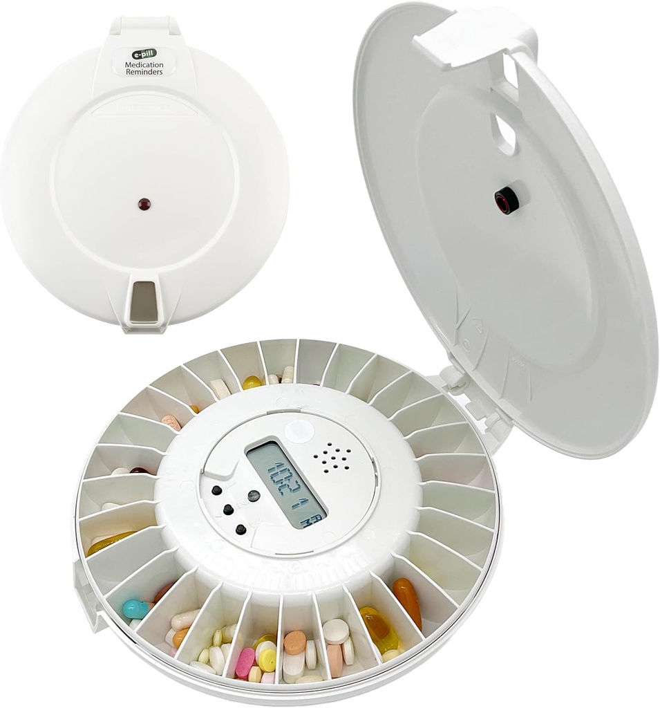 e-Pill MedTime Dispenser automatico di pillole bloccati – Organizzatore di farmaci sicuro, facile da usare con 24 allarmi giornalieri – Ideale per anziani, demenza e cura di Alzheimer – White Lid
