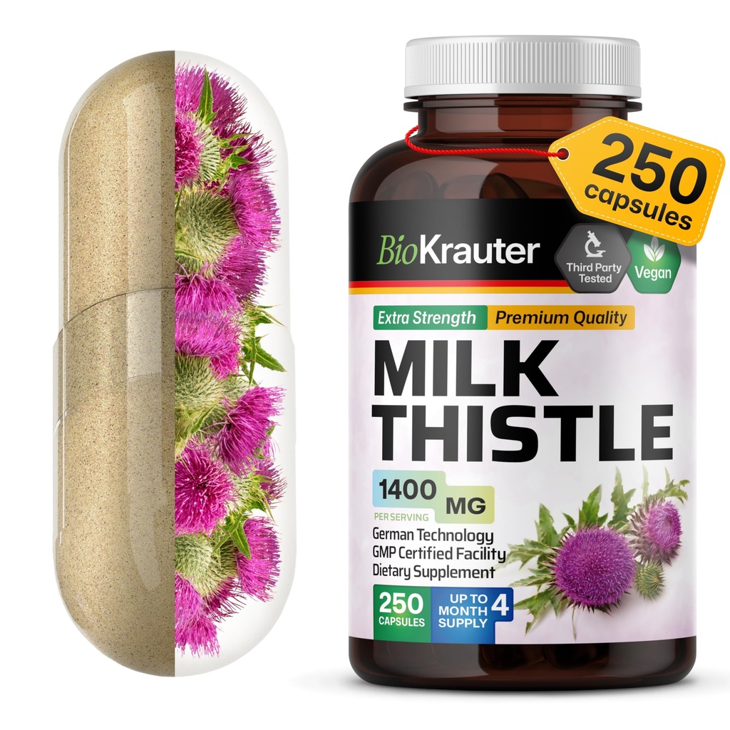 BIO KRAUTER® Milk Thistle Supplemento per la pulizia del fegato & Detox - Pure Vegan Milk Thistle Extract 1400 mg per Serving Сontains Silymarin - 250 capsule, 125 giorni di fornitura, non OGM