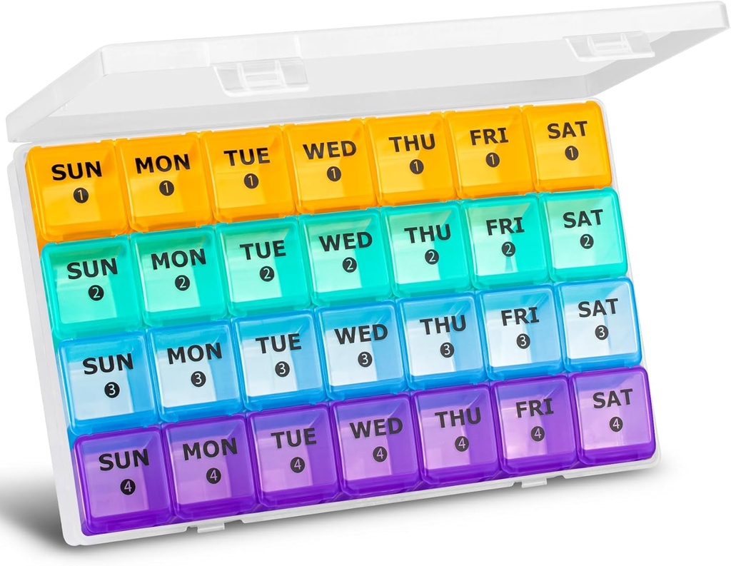 XL Large Monthly Pill Organizer 4 Settimane, 28 Day Pill Organizer Weekly, Grande Compartment con Travel Case, 7 giorni Pill Dispenser 4 volte al giorno, Medicine Organizer Box per la vitamina, Fish Oil
