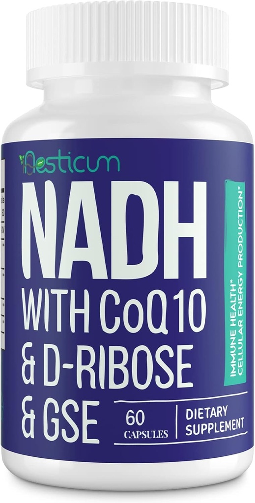 NADH 50mg + CoQ10 200mg + D-Ribose 150mg supplemento, Boosting NAD+ Integratori per Sistema immunitario, Energia cellulare, Focus, Dinucleotide adenina ridotta Nicotinamide, 60 capsule vegetali