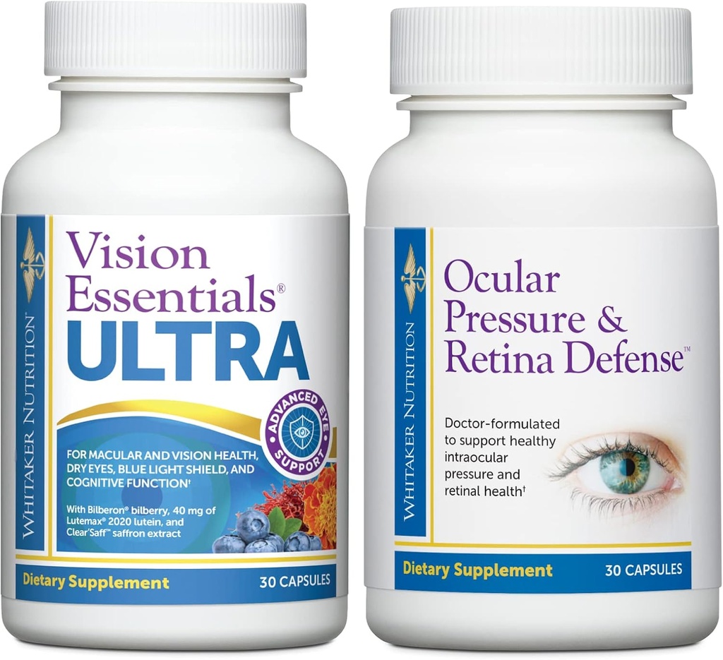 Premium Eye Health Bundle include Vision Essentials ULTRA per la salute maculare e retina, Strain occhi, Pressione Oculare, Occhi Secchi e Pressione Oculare & Difesa Retina per Addizionale sano intraoculare