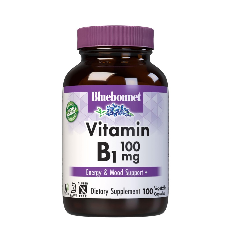 Bluebonnet Vitamina B1 100 mg - Mood Support & Energy Vitamins for Women & Men* - Thiamin HCl - Non OGM, Vegan, Kosher, Gluten-Free - Soy & Dairy-Free - 100 capsule vegetali, 100 giorni di alimentazione
