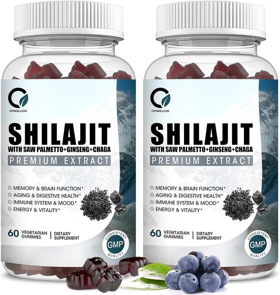 Himalayan Shilajit Gummies con 85+ Trace Minerals & Acido Fulvic per l'energia, Immune, Supporto cognitivo Integratore naturale Shilajit ad alta potenza per uomini e donne 60 Gummies (2 Pacchetti)