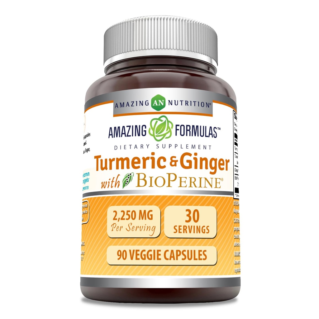 Incredibile formula curcumina e zenzero con BioPerine Supplemento | 2250 Mg | 90 capsule vegetali | Non-GMO | Gluten Free | Made in USA