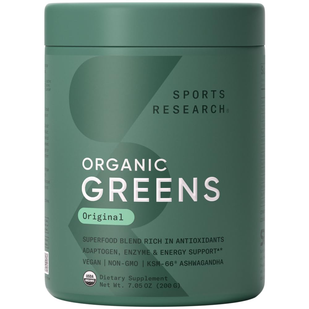 Sport Research® Organic Greens Superfood Powder w/Spirulina & Chlorella, Adaptogens, Enzymes, Probiotics & 8 VIT Bs per Gut & Mood Support* - Vegan, Sugar-Free & Low-Cal Original 20 Servings