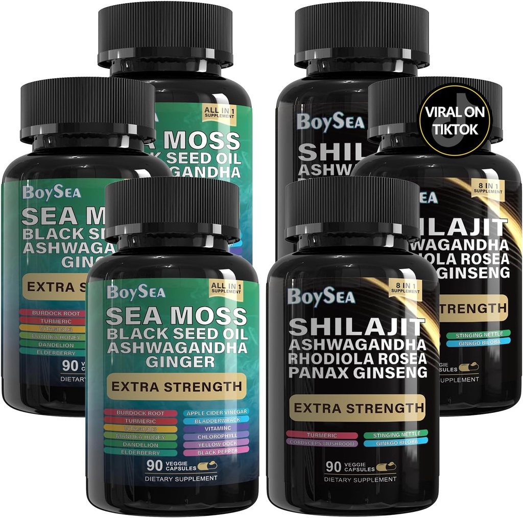 Boysea. Shilajit e Sea Moss Bundle- 90 Conte - Sea Moss, Black Seed Oil, Ashwagandha, Ginger & Shilajit, Rhodiola Rosea, Tutti in 1 Supplementi (3 Pc)