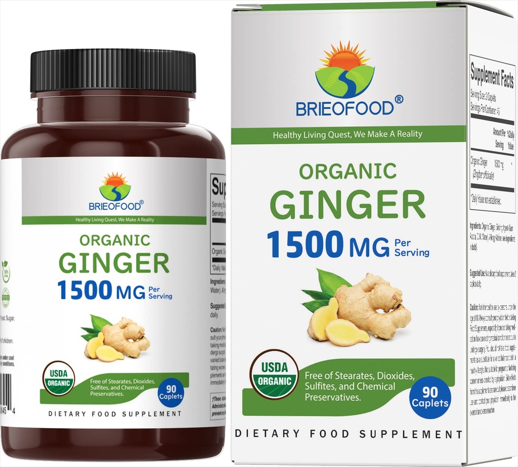 Brieofood Organic Ginger 1500mg, 45 Serve, Vegetariano, Senza Glutine, 90 compresse vegetariane